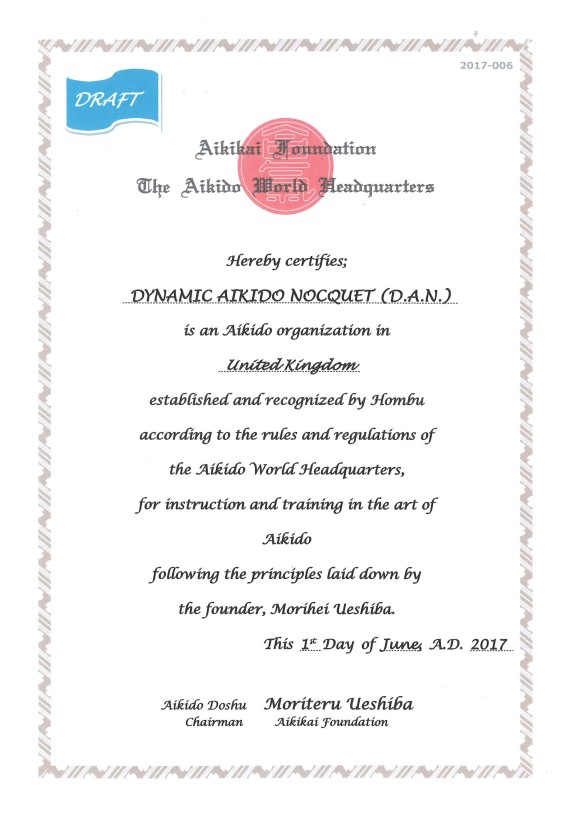 Certificate of Acceptance DAN-International in Aikikai